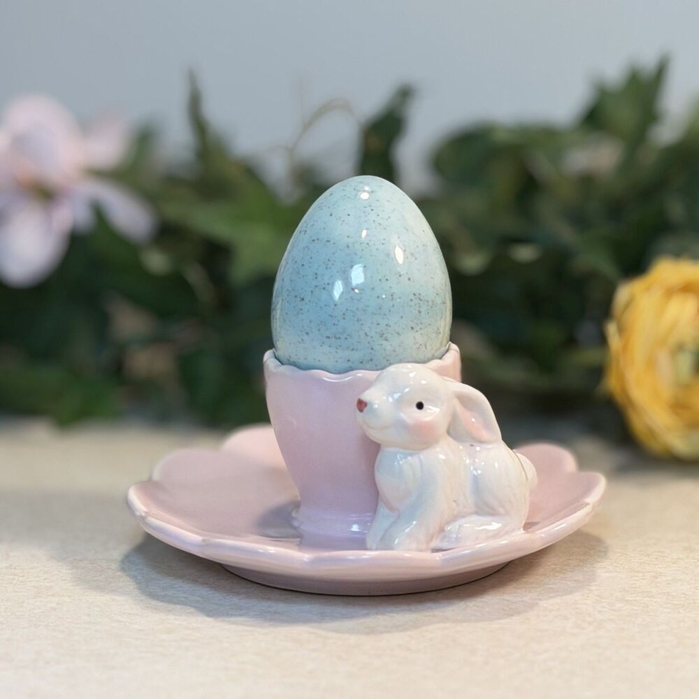 Easter Egg Display Stand Holder Cup Rabbit Bunny W Saucer Spring 3” Decor Pink